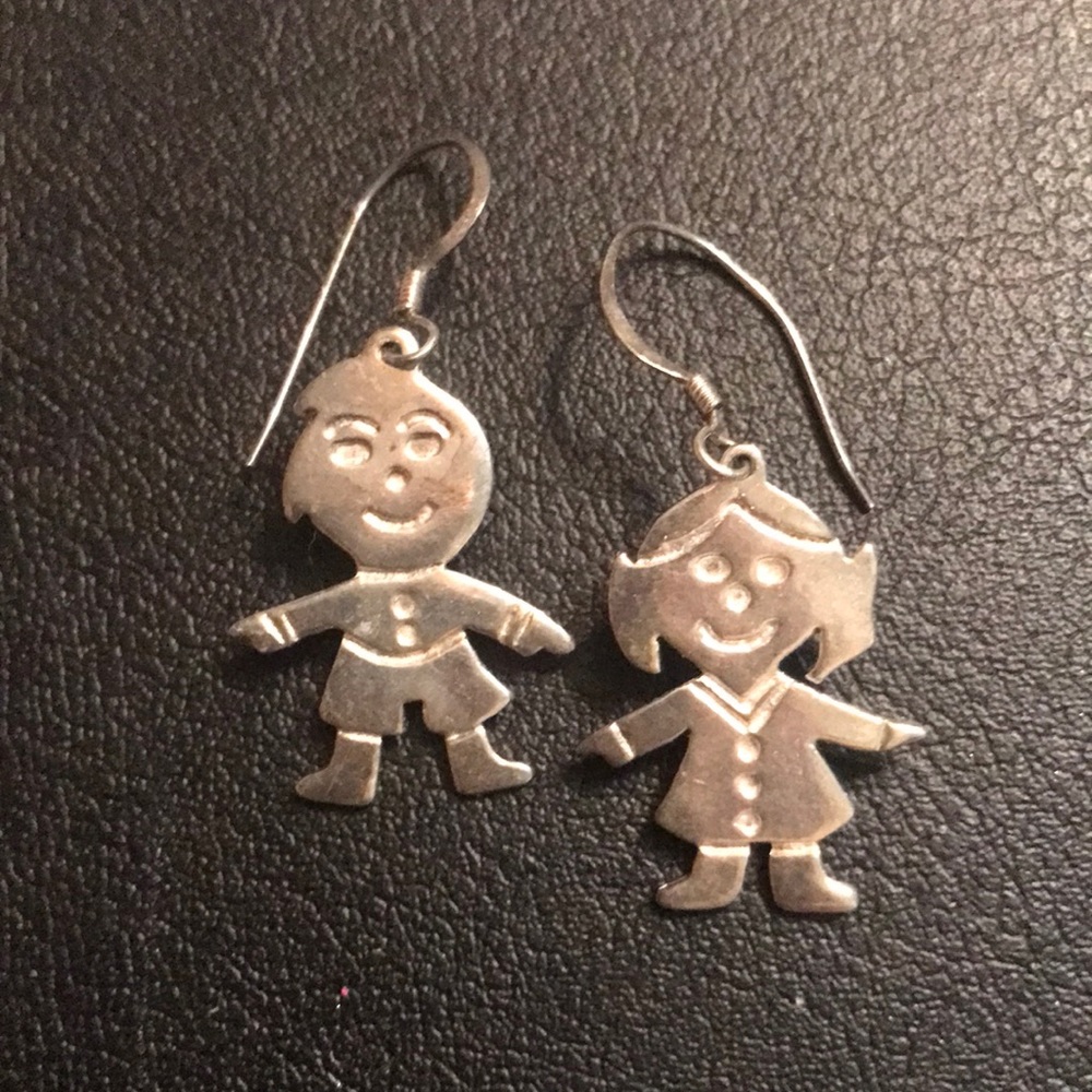 Silver Tone Playful Girl and Boy Dangle Earrings - Cute Children's Silhouette